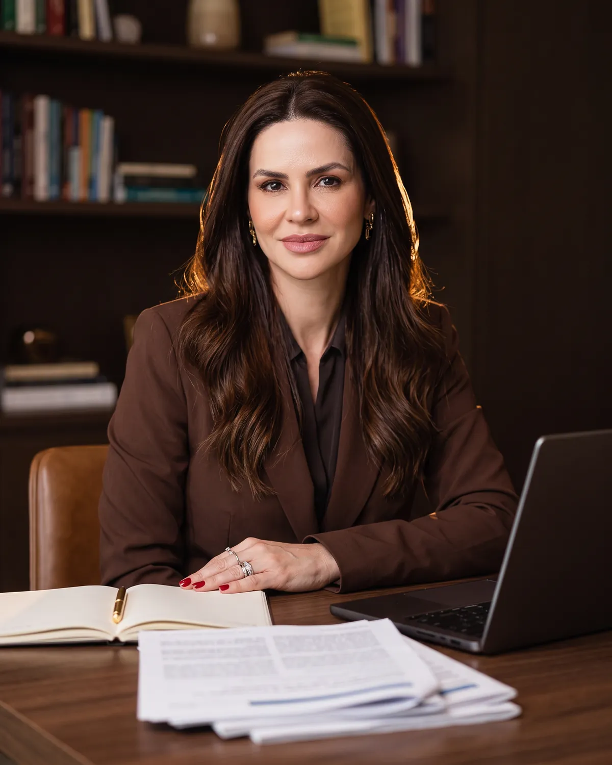 Dra. Manu Jorge em sua mesa de trabalho, com notebook e artigos científicos